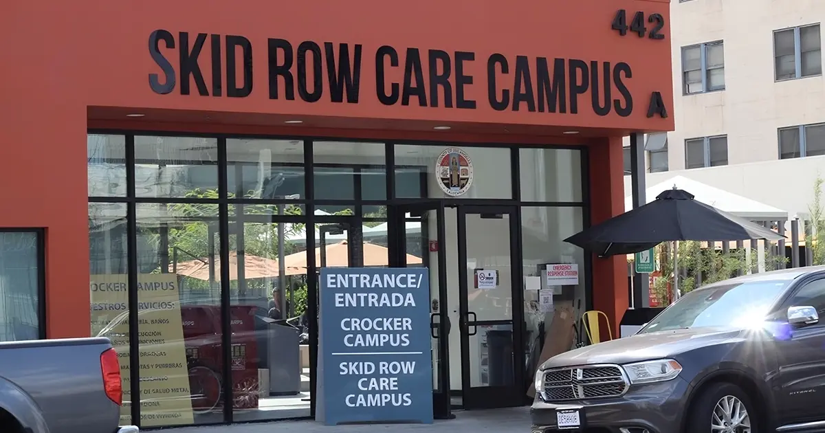 ntrance of the Skid Row Care Campus building at 442 South San Pedro Street in Los Angeles